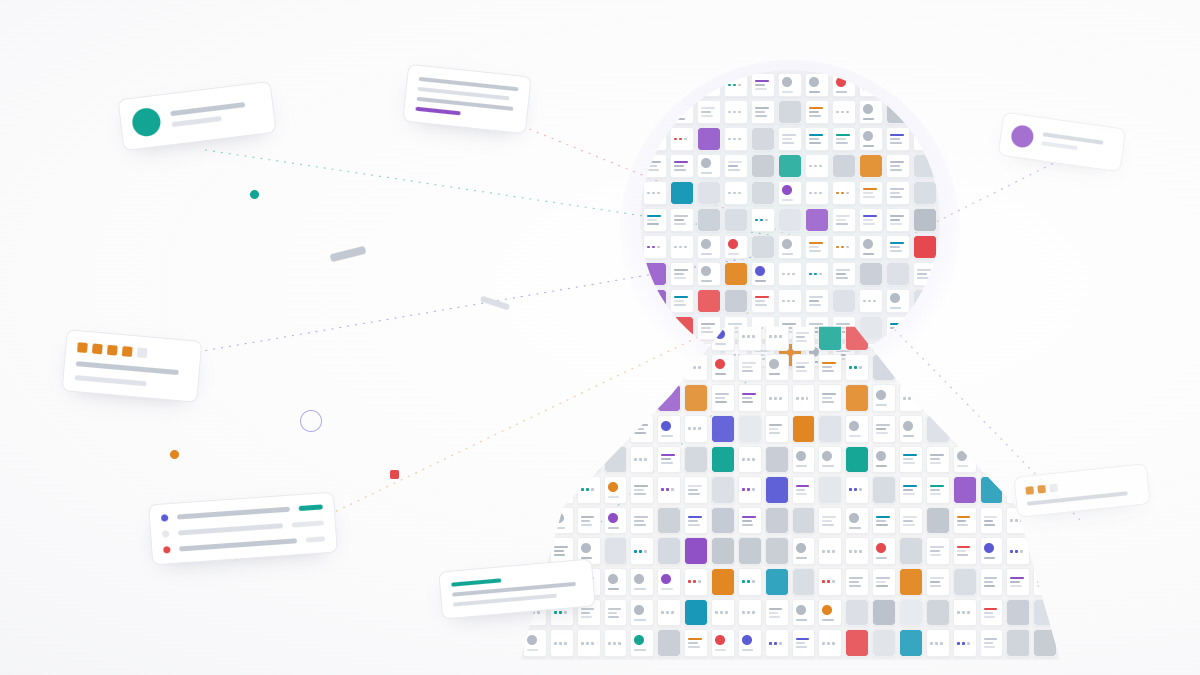 Scattered profile cards connected by dotted lines, assembling into a mosaic silhouette of a person