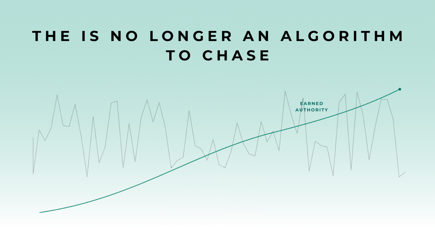 A jagged volatile line representing continuous algorithm updates with a steady rising line labelled Earned Authority passing through it